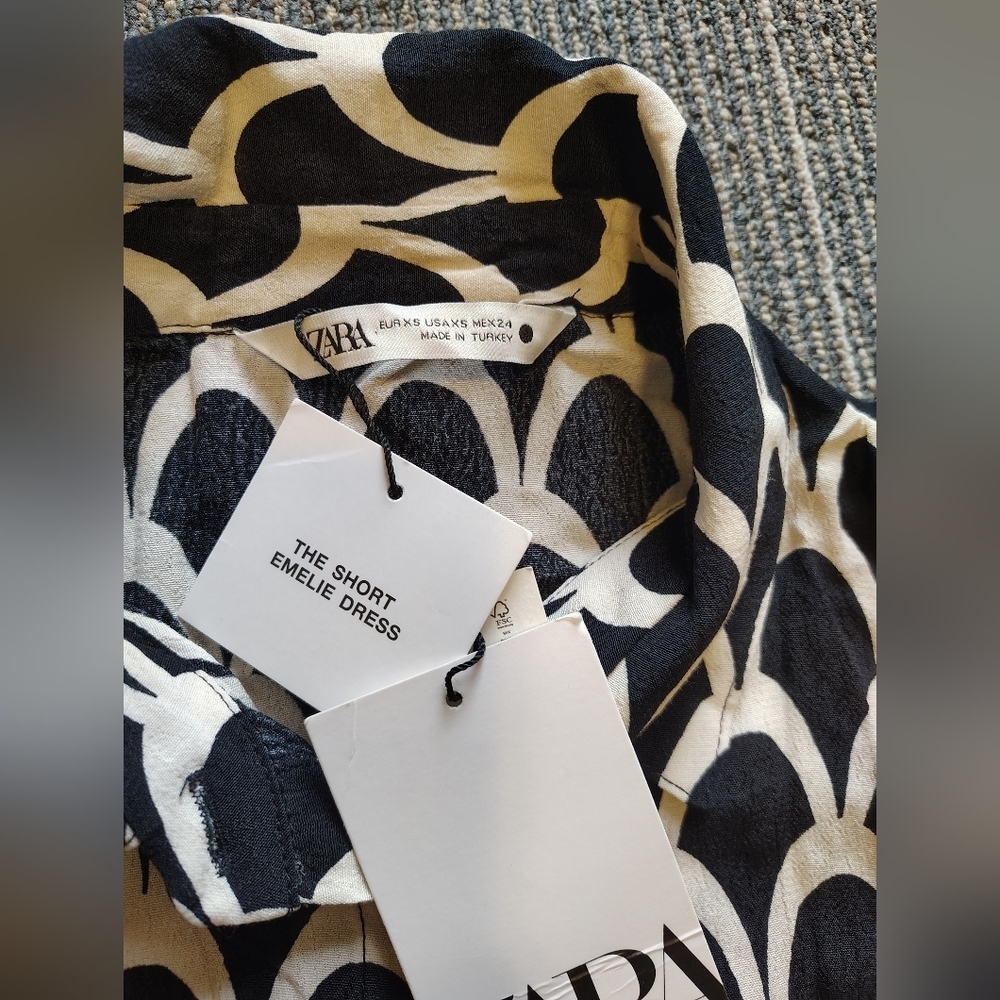 Zara Black & White Printed Tie-Waist Long Sleeve Dress - Picture 4 of 5